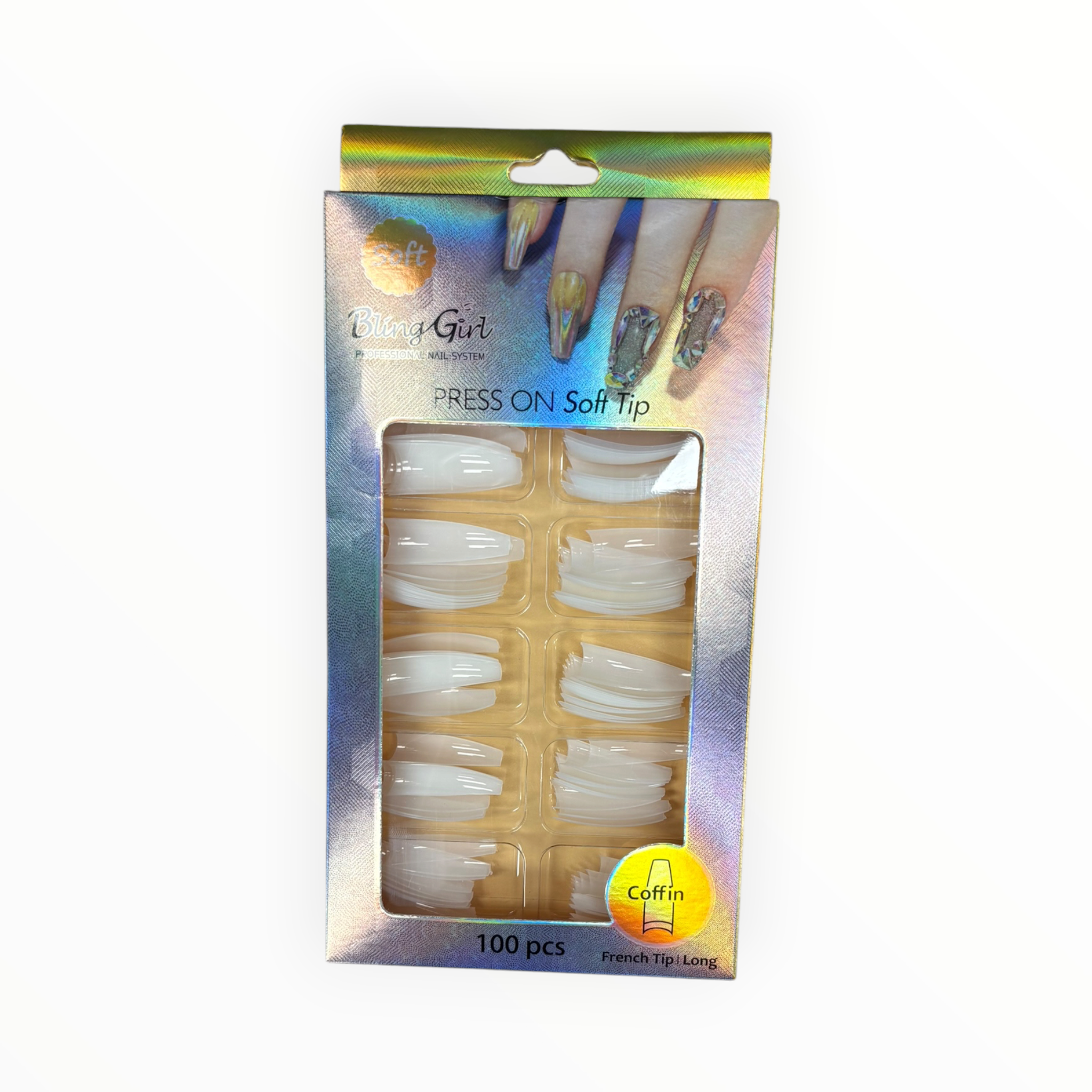 Bling Girl Press On Soft Tips Coffin 100PCS Natural White