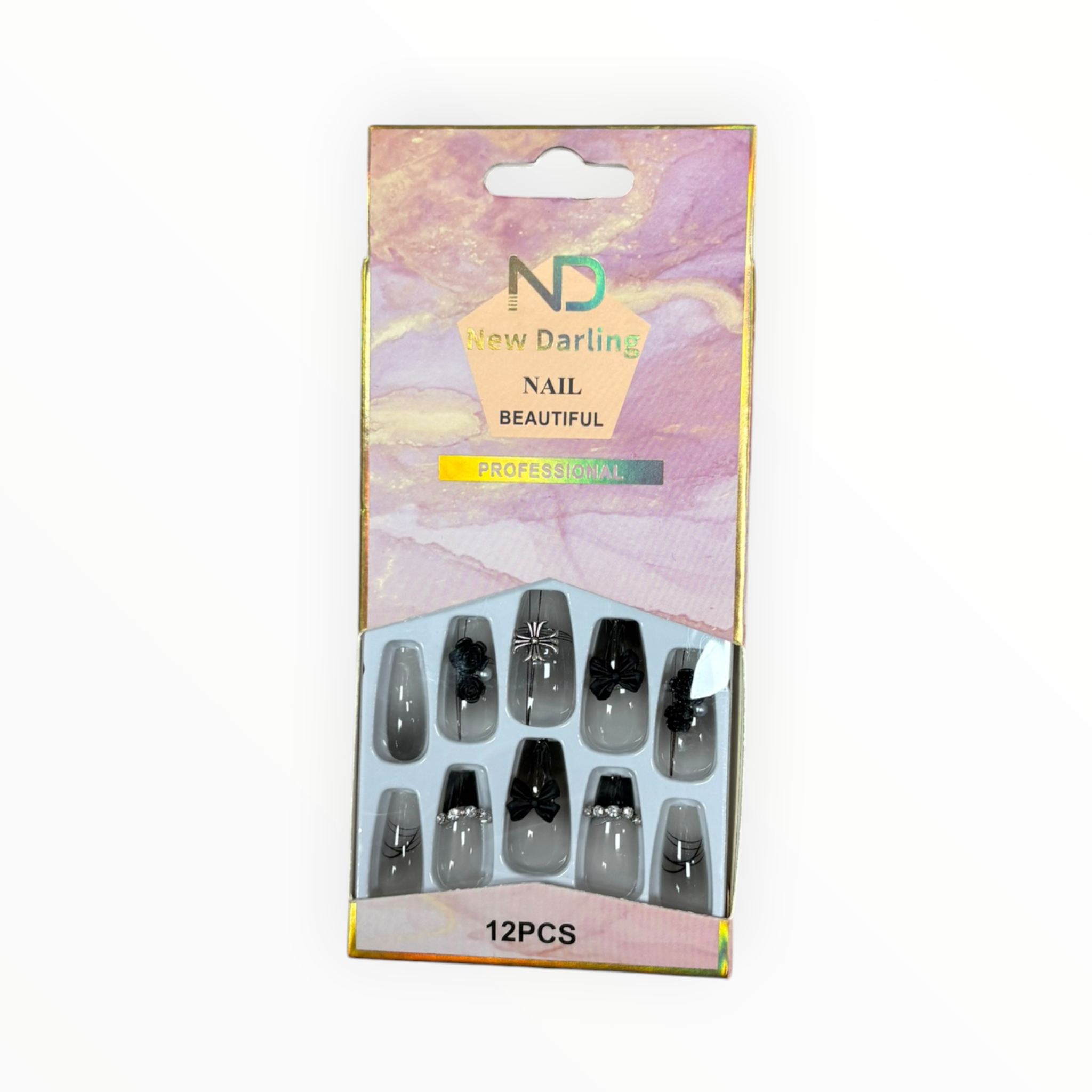 New Darling Professional Press On Nails 12PCS Grey Black Design