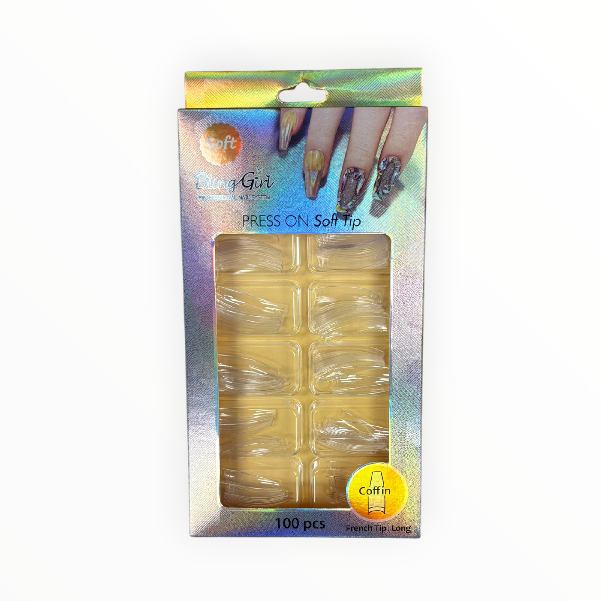 Bling Girl Press On Soft Tips Coffin 100PCS Natural Nude