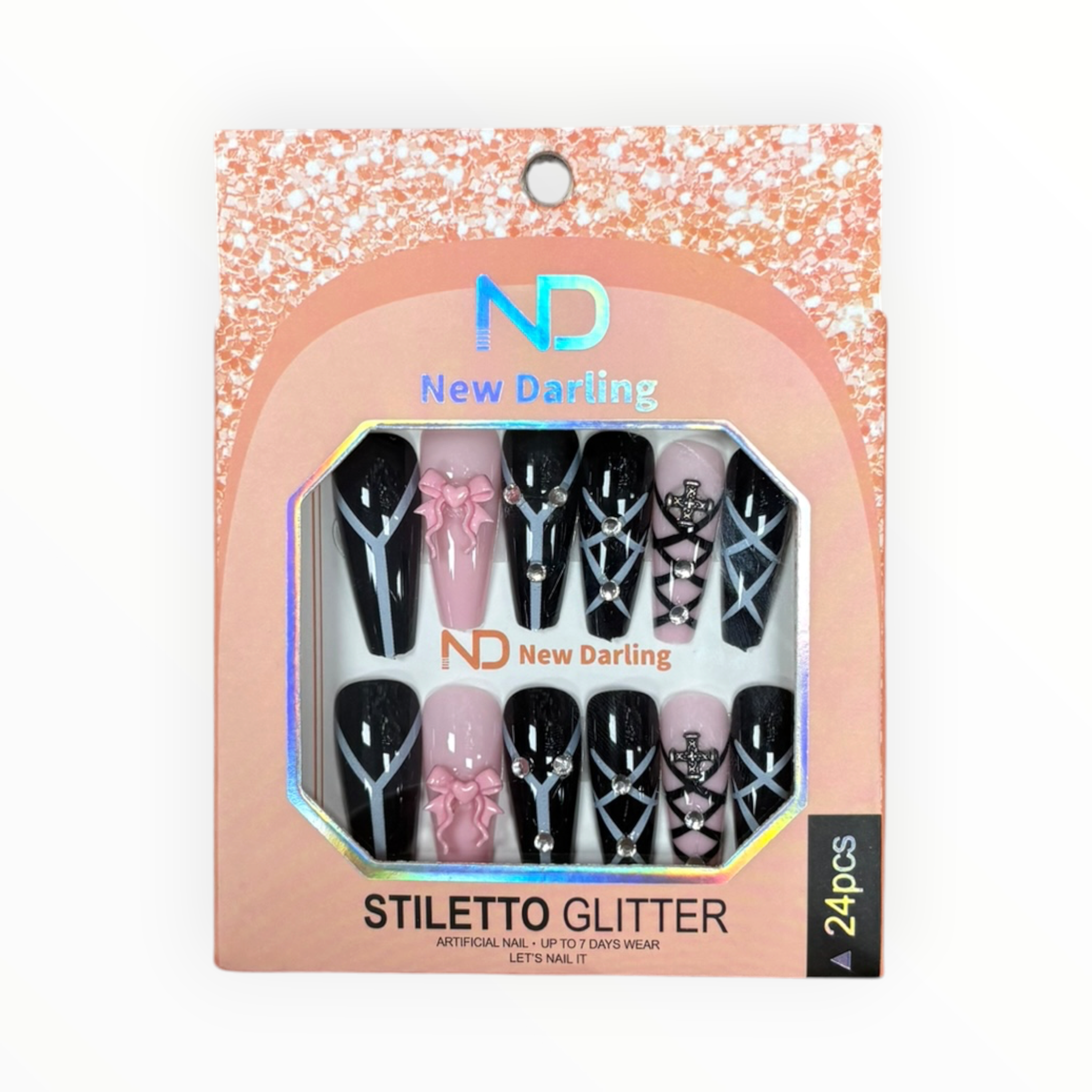 New Darling Stiletto Glitter Press On Nails 24PCS Black Pink Bow