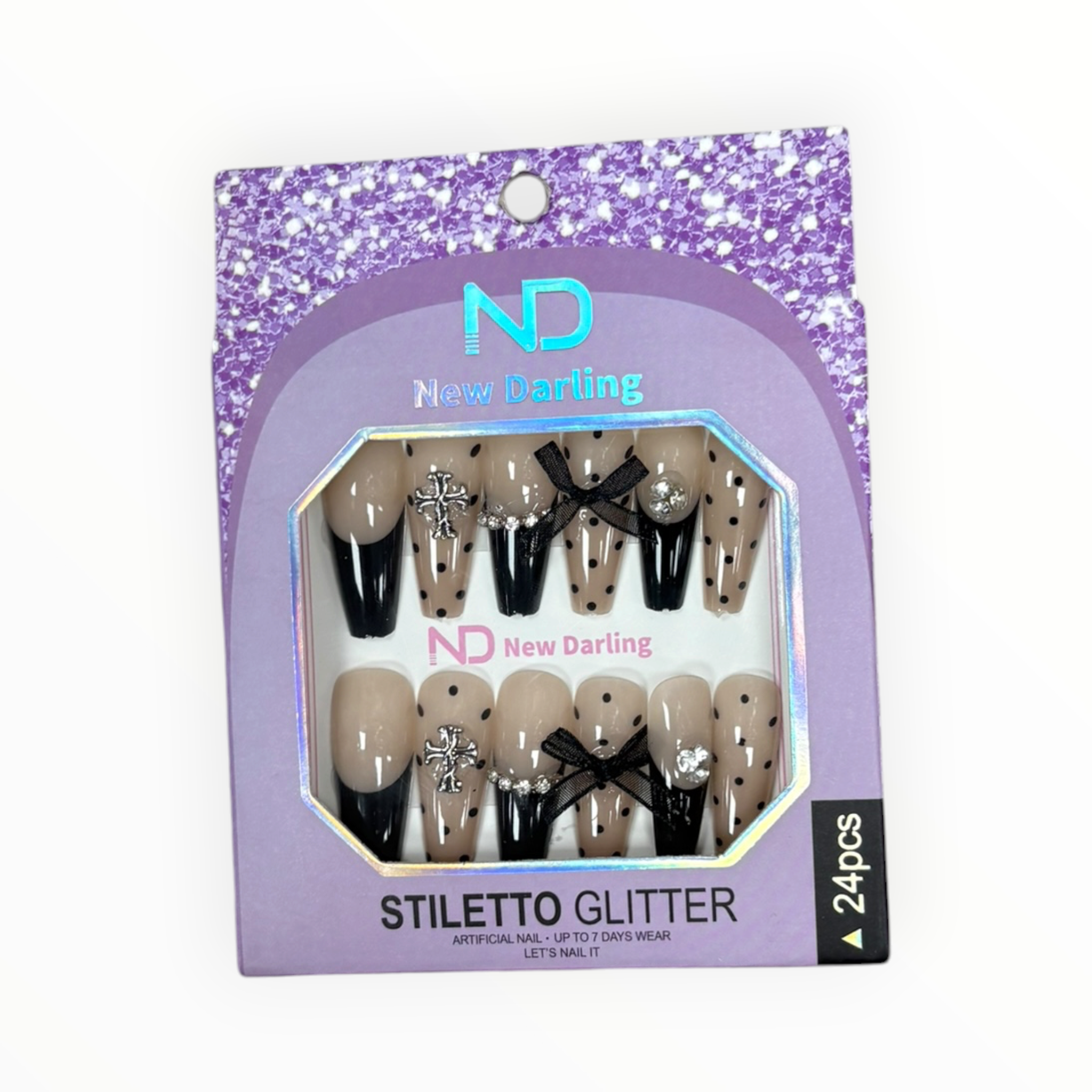 New Darling Stiletto Glitter Press On Nails 24PCS Nude Black Bow