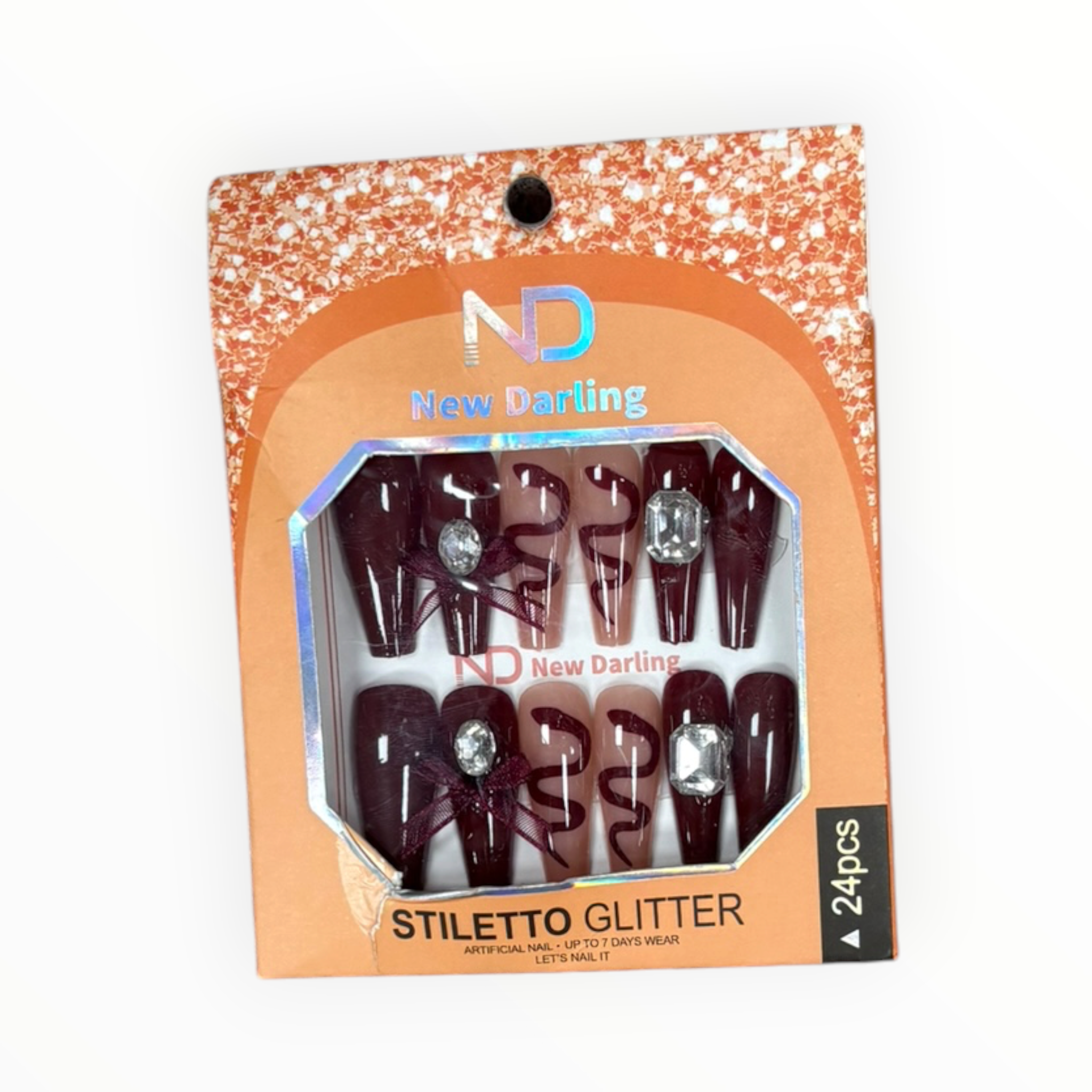 New Darling Stiletto Glitter Press On Nails 24PCS Burgundy Rhinestone