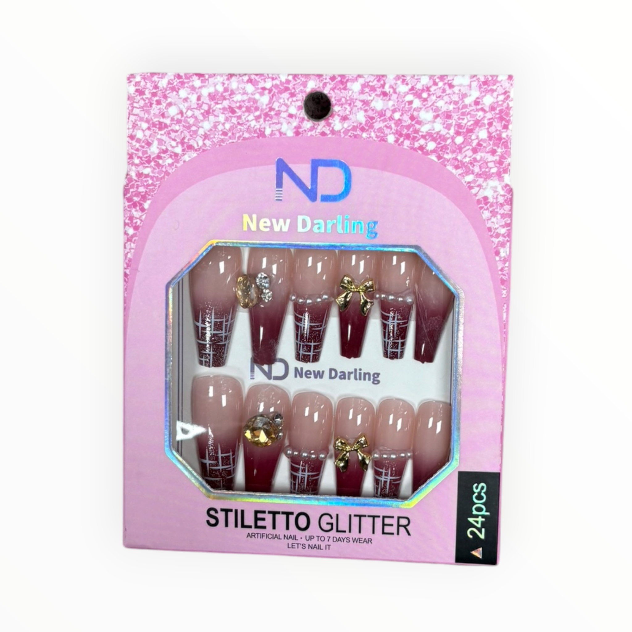 New Darling Stiletto Glitter Press On Nails 24PCS Burgundy Bow