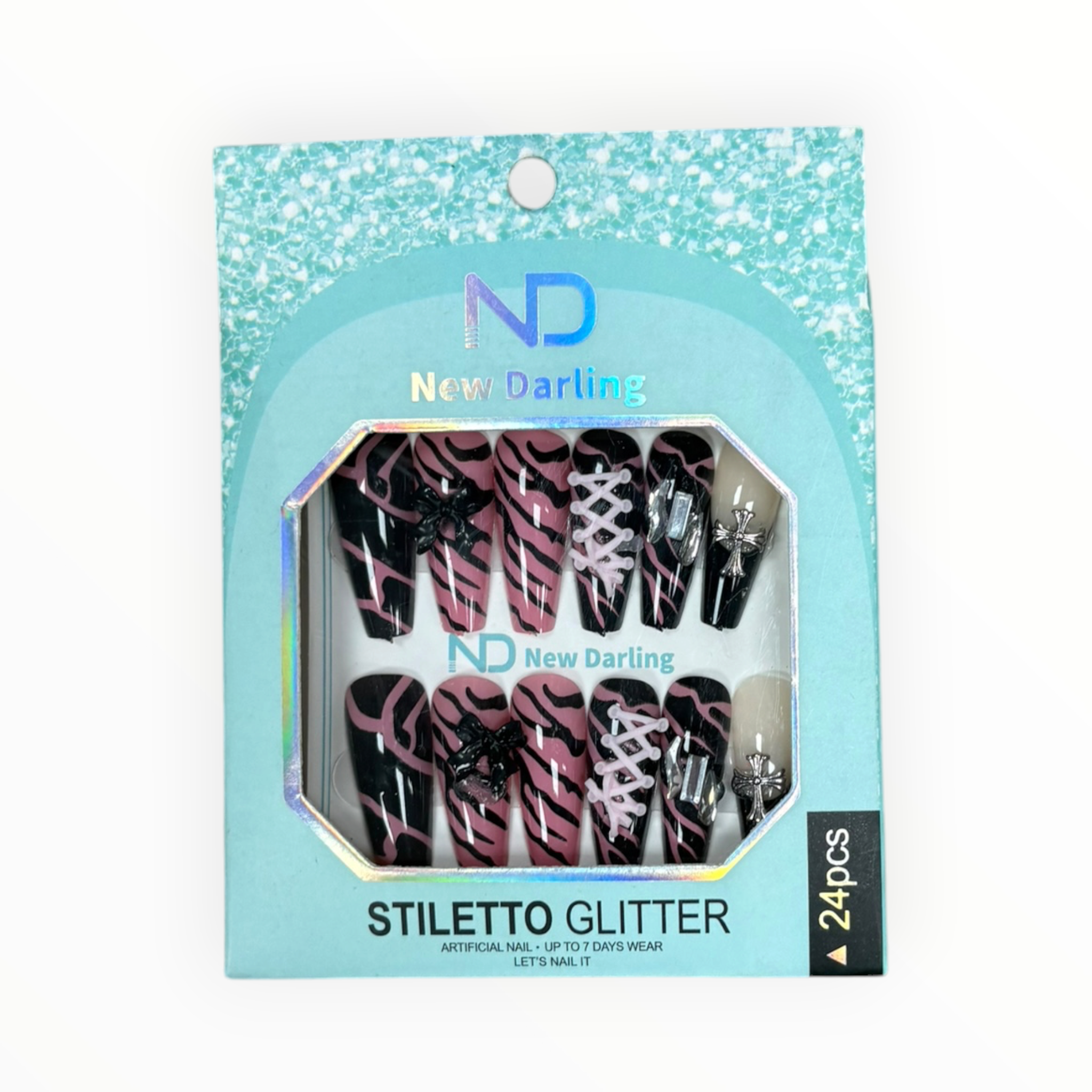 New Darling Stiletto Glitter Press On Nails 24PCS Pink Black Lace