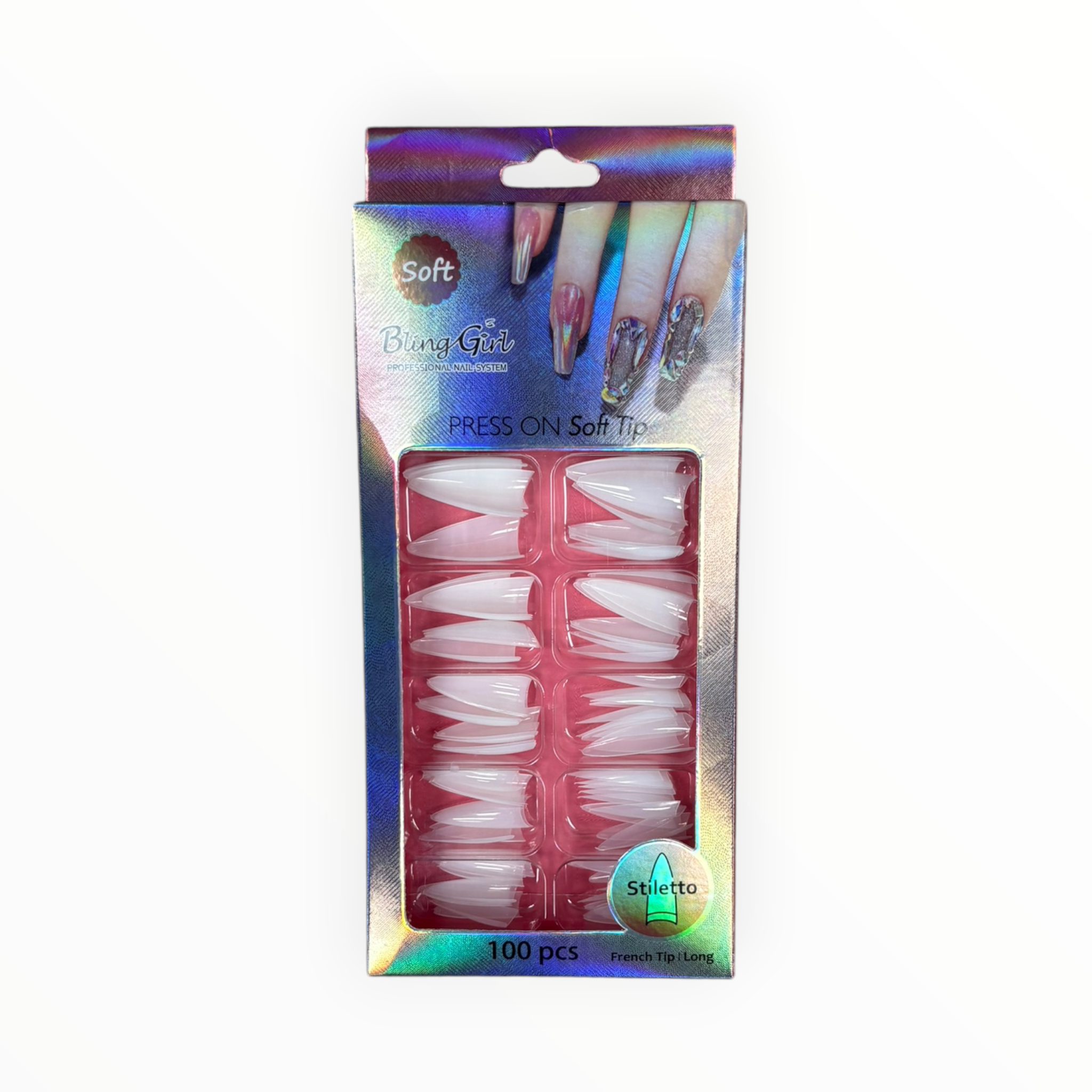 Bling Girl Press On Soft Tips Stiletto 100PCS White