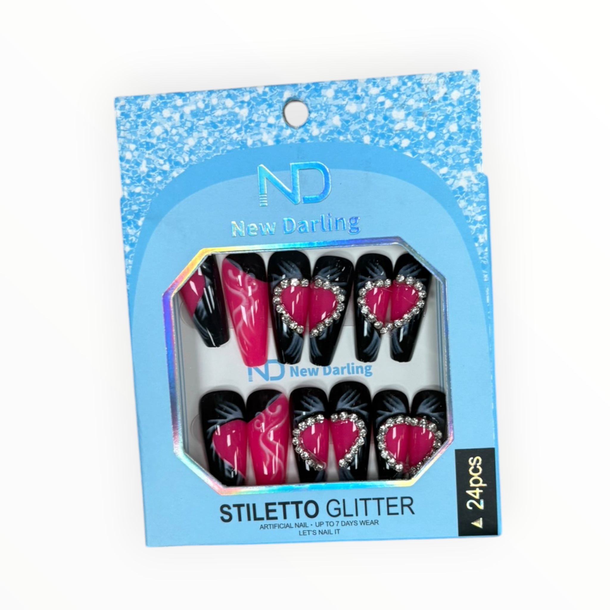 New Darling Stiletto Glitter Press On Nails 24PCS Pink Heart