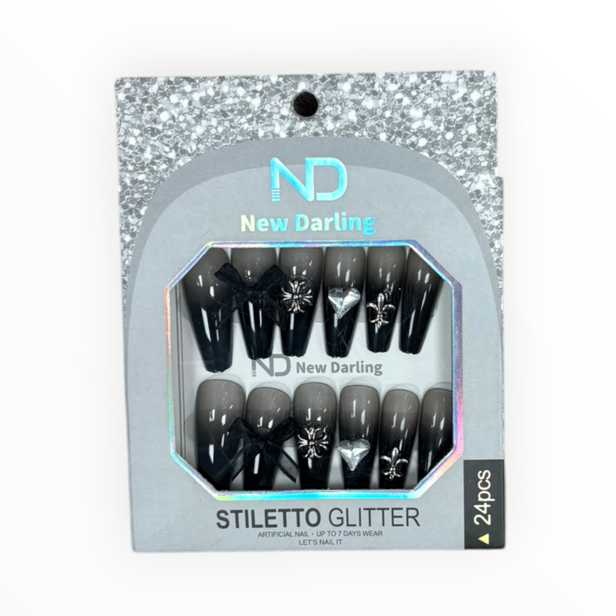 New Darling Stiletto Glitter Press On Nails 24PCS Black Silver