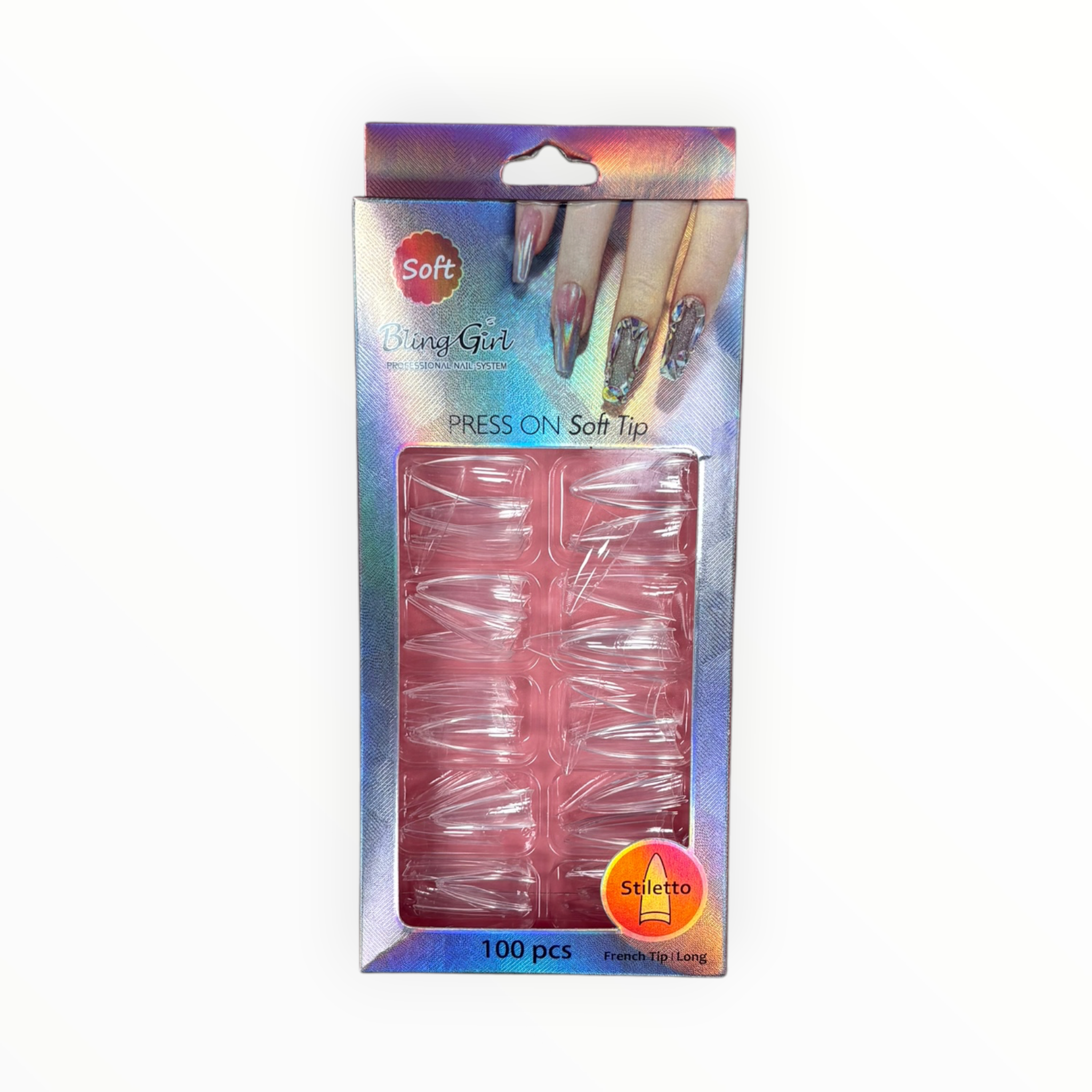 Bling Girl Press On Soft Tips Stiletto 100PCS Clear Pink