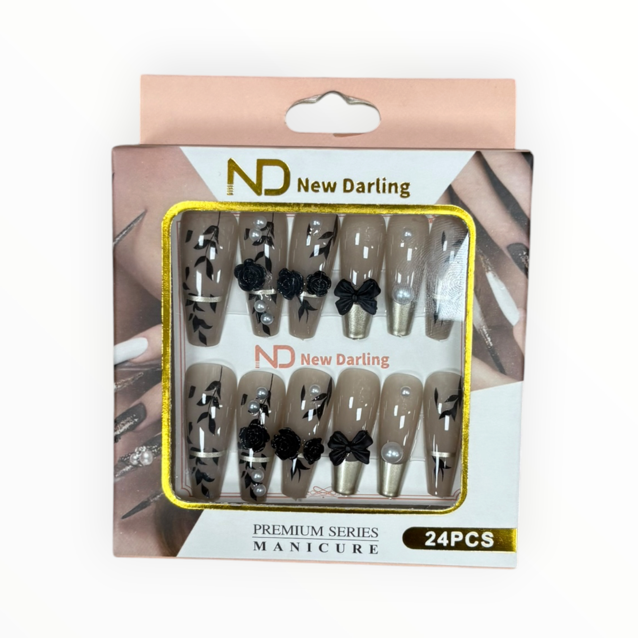 New Darling Premium Series Press On Manicure 24PCS Nude Black Bow