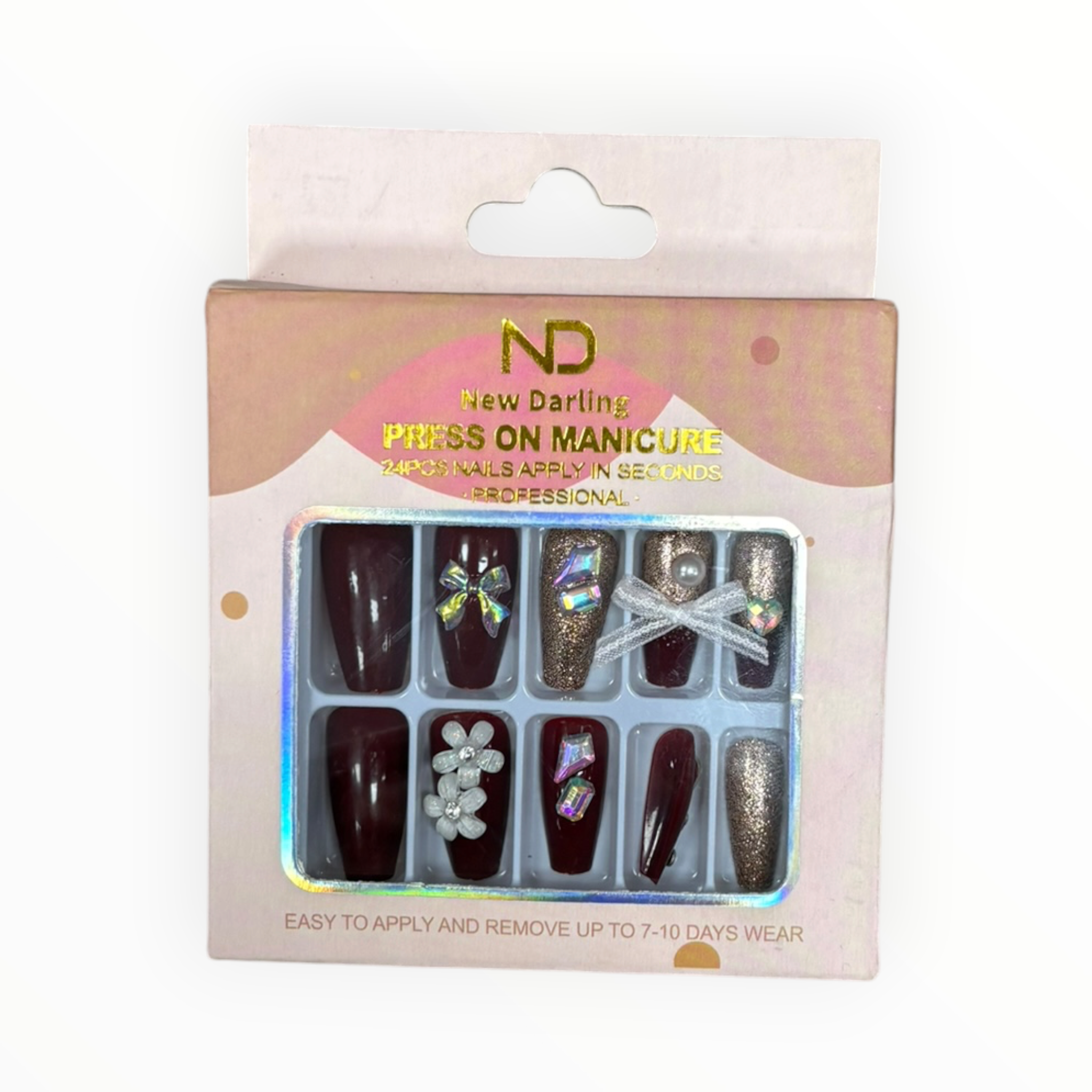 New Darling Press On Manicure Nails Burgundy Floral